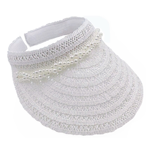 Twisted White Pearl Brim Straw Visor Womens Sun Hat Cap Cute Statement Accessory - Picture 2 of 2